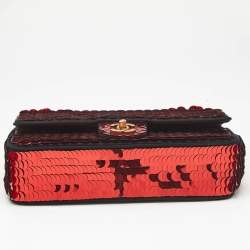 Pre Owned Chanel Red Sequin Satin Medium Paris-Shanghai Classic Double Flap Bag