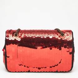 Pre Owned Chanel Red Sequin Satin Medium Paris-Shanghai Classic Double Flap Bag