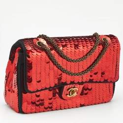 Pre Owned Chanel Red Sequin Satin Medium Paris-Shanghai Classic Double Flap Bag