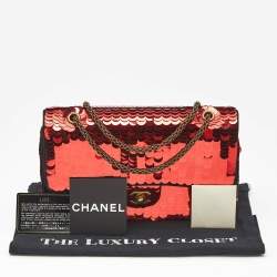 Pre Owned Chanel Red Sequin Satin Medium Paris-Shanghai Classic Double Flap Bag
