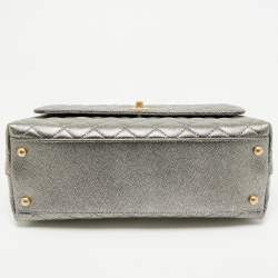 Pre Owned Chanel Silver Quilted Caviar Leather Small Coco Top Handle Bag