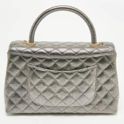Pre Owned Chanel Silver Quilted Caviar Leather Small Coco Top Handle Bag
