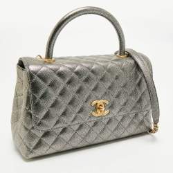 Pre Owned Chanel Silver Quilted Caviar Leather Small Coco Top Handle Bag