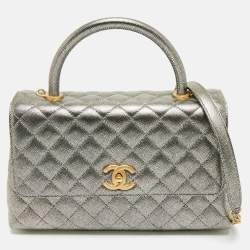 Pre Owned Chanel Silver Quilted Caviar Leather Small Coco Top Handle Bag