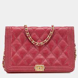 Chanel Red Quilted Caviar Boy Wallet on Chain