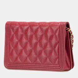 Pre Owned Chanel Red Quilted Caviar Boy Wallet on Chain