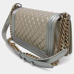Pre Owned Chanel Gold Silver Leather Medium Boy Bag 