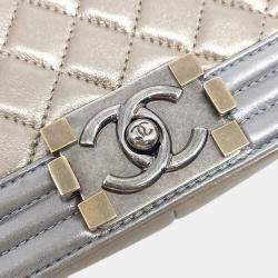 Pre Owned Chanel Gold Silver Leather Medium Boy Bag 