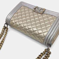 Pre Owned Chanel Gold Silver Leather Medium Boy Bag 