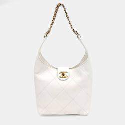 Pre Owned Chanel White Leather Chain Hobo Bag