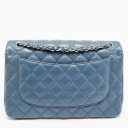 Pre Owned Chanel Blue Quilted Caviar Leather Jumbo Classic Double Flap Bag