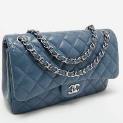 Pre Owned Chanel Blue Quilted Caviar Leather Jumbo Classic Double Flap Bag
