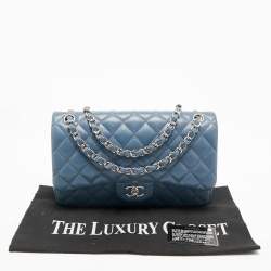 Pre Owned Chanel Blue Quilted Caviar Leather Jumbo Classic Double Flap Bag