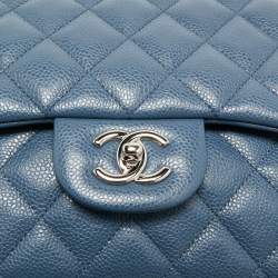 Pre Owned Chanel Blue Quilted Caviar Leather Jumbo Classic Double Flap Bag