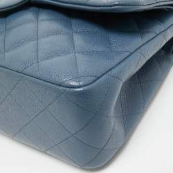 Pre Owned Chanel Blue Quilted Caviar Leather Jumbo Classic Double Flap Bag
