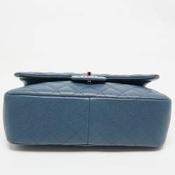 Pre Owned Chanel Blue Quilted Caviar Leather Jumbo Classic Double Flap Bag