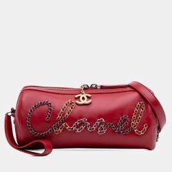 Pre Owned Chanel Red Calfskin Signature Chain 20s Bowling Bag