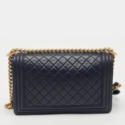 Pre Owned Chanel Navy Blue Quilted Leather New Medium Boy Flap Bag