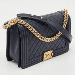 Pre Owned Chanel Navy Blue Quilted Leather New Medium Boy Flap Bag