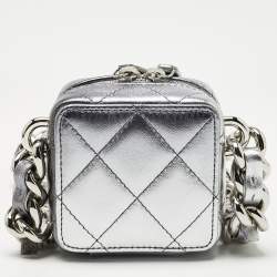 Pre Owned Chanel Silver Quilted Leather Like A Wallet Chain Clutch