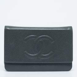 Pre Owned Chanel Grey Caviar Leather Timeless CC Wallet On Chain