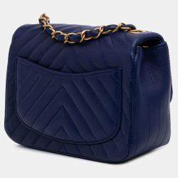 Pre Owned Chanel Blue Mini Square Classic Chevron Lambskin Single Flap