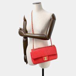 Pre Owned Chanel Chevron Red Leather Chain Shoulder Bag