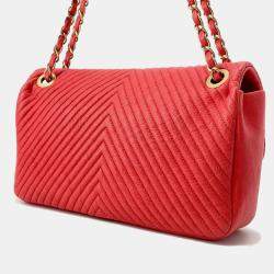 Pre Owned Chanel Chevron Red Leather Chain Shoulder Bag