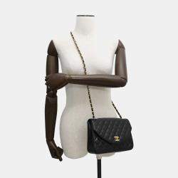 Pre Owned Chanel Half Moon Black Quilted Lambskin Chain Shoulder Bag