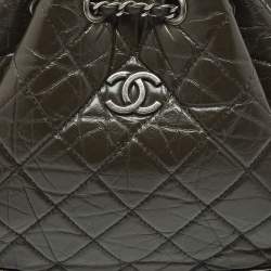 Pre Owned Chanel Dark Green Quilted Aged Leather Small Gabrielle Backpack