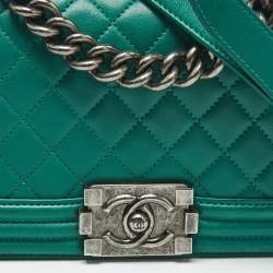 Pre Owned Chanel Green Quilted Leather Small Boy Flap Bag