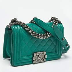 Pre Owned Chanel Green Quilted Leather Small Boy Flap Bag