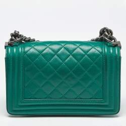 Pre Owned Chanel Green Quilted Leather Small Boy Flap Bag
