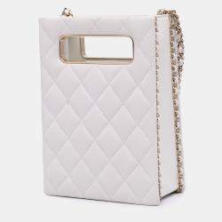 Pre Owned Chanel White Mini Quilted Caviar Cut Out Evening Tote
