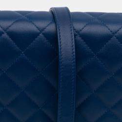 Pre Owned Chanel Blue Quilted Lambskin Square Wallet on Chain