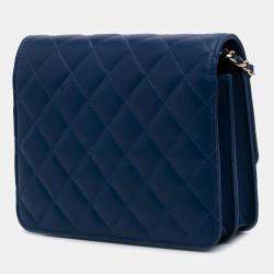 Pre Owned Chanel Blue Quilted Lambskin Square Wallet on Chain