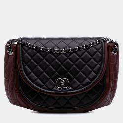 Pre Owned Chanel Burgundy Bicolor Quilted Lambskin Twist Crescent Flap