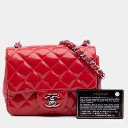 Pre Owned Chanel Red Mini Square Classic Patent Single Flap