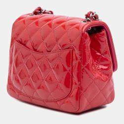 Pre Owned Chanel Red Mini Square Classic Patent Single Flap