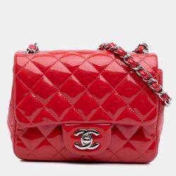 Pre Owned Chanel Red Mini Square Classic Patent Single Flap