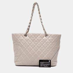Pre Owned Chanel White Large Quilted Aged Calfskin Cotton Club Tote