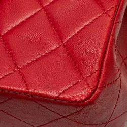 Pre Owned Chanel Red Mini Square Classic Lambskin Single Flap