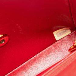 Pre Owned Chanel Red Mini Square Classic Lambskin Single Flap