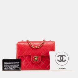 Pre Owned Chanel Red Mini Square Classic Lambskin Single Flap