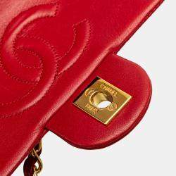 Pre Owned Chanel Red Mini Square Classic Lambskin Single Flap