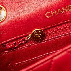 Pre Owned Chanel Red Mini Square Classic Lambskin Single Flap