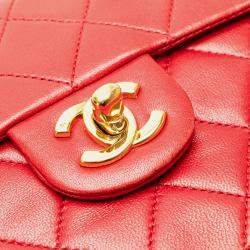 Pre Owned Chanel Red Mini Square Classic Lambskin Single Flap