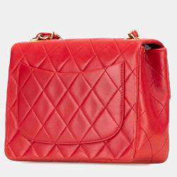 Pre Owned Chanel Red Mini Square Classic Lambskin Single Flap