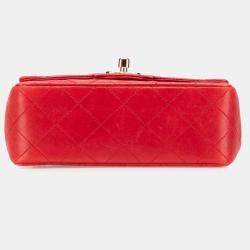 Pre Owned Chanel Red Mini Square Classic Lambskin Single Flap