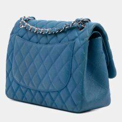Pre Owned Chanel Blue Jumbo Classic Caviar Double Flap
